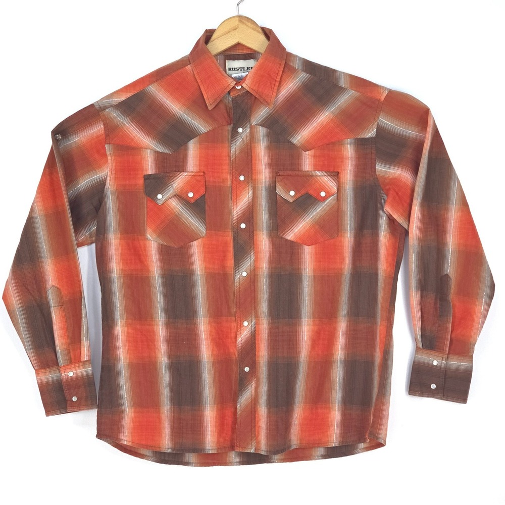 RUSTLER X-Long Tails Pearl Snap Shirt Mens Large Western Rodeo Cowboy Classic